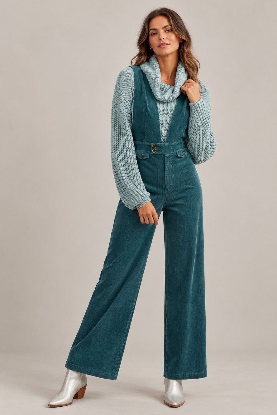 Pilcro Anthropologie Deep-V Corudoy Jumpsuit Green 28 Stretch Overalls Wide Leg